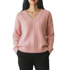 NWT Lauren Ralph Lauren 100% Cashmere Cable Knit Light Pink V-Neck Sweater Sz M